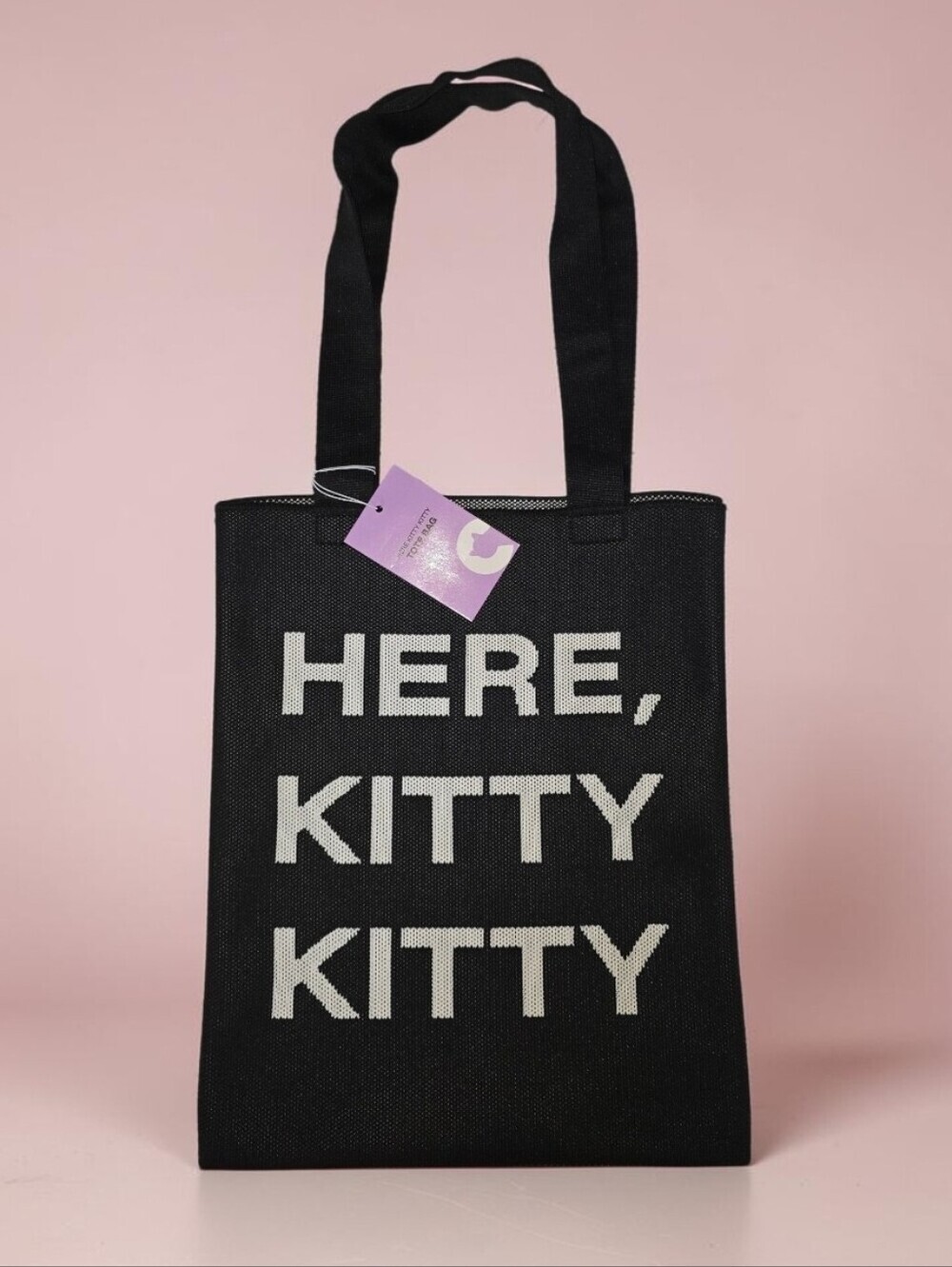 Cat Lady brand HERE KITTY KITTY Double Sided Black Woven Flat Tote bag NWT